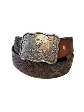 Ariat Floral Embossed Belt Buckle with Hand Tooled Leather Belt